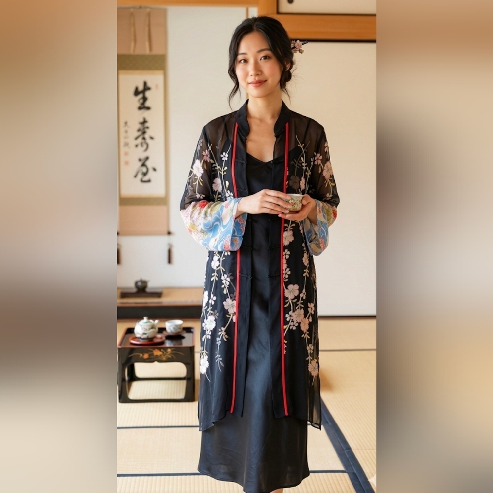 Sheer Black Floral Embroidered Kimono Robe with Contrast Trim